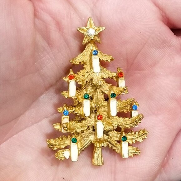 Vintage Signed ART Gold Rhinestone Christmas Tree Brooch Star - Arthur Pepper - Picture 3 of 4